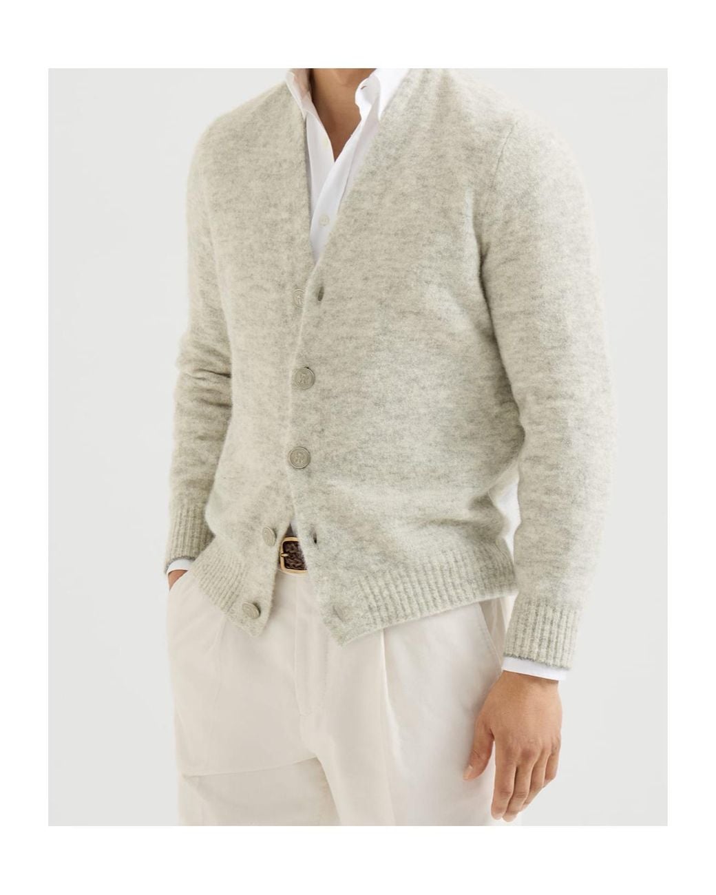 Brunello Cucinelli White Long-Sleeved V-Neck Cardigan for men