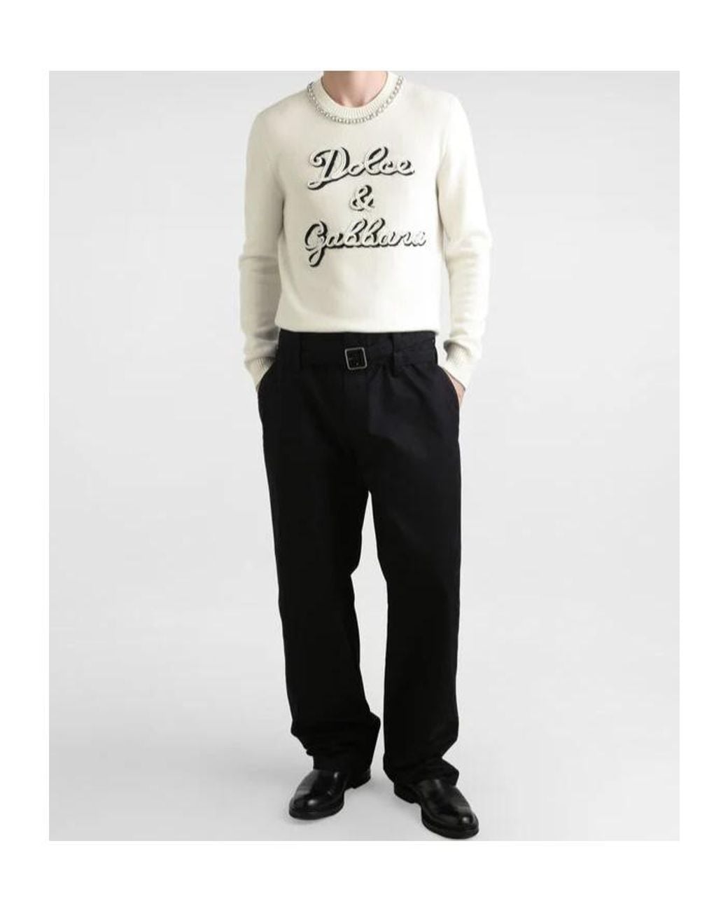 Dolce & Gabbana White Logo Intarsia Knitted Pullover for men