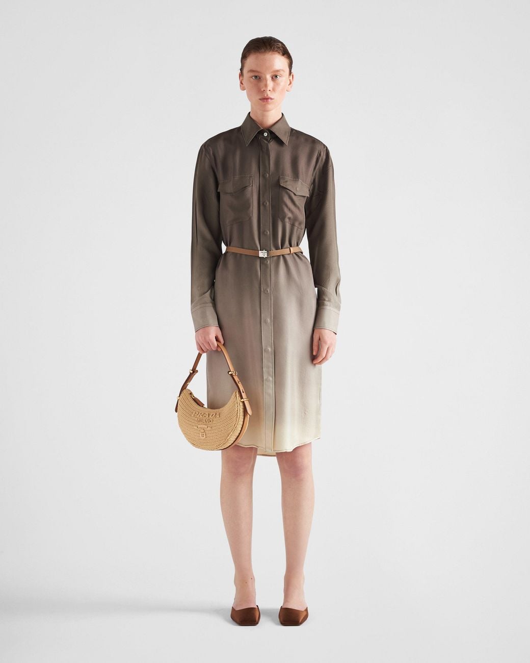 Prada Brown Gradient Belted Shirtdress