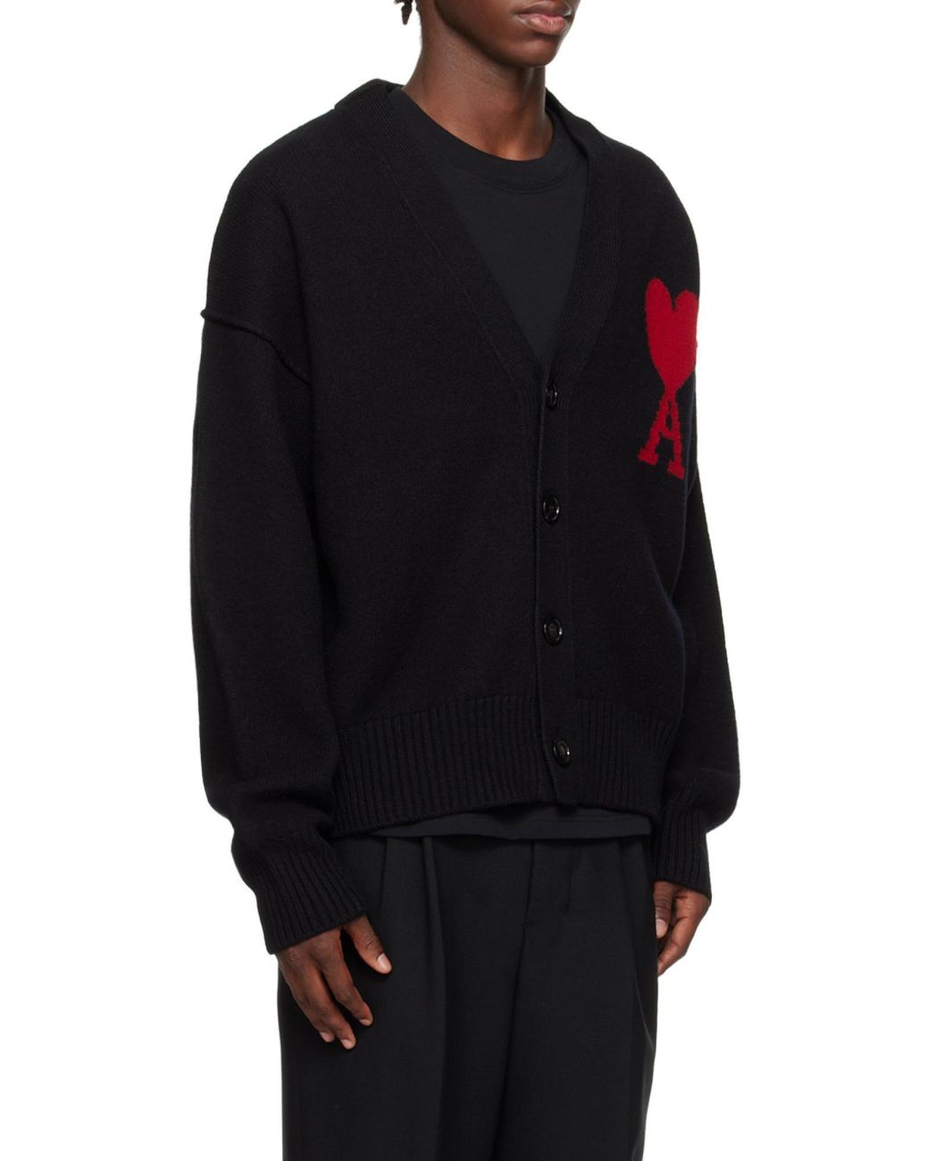 AMI Black Ami De Coeur V-Neck Cardigan for men