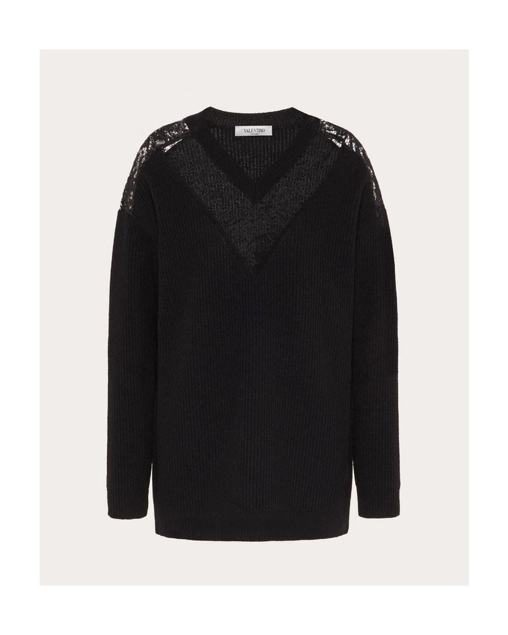 Valentino Black Lace-Embellished V-Neck Jumper