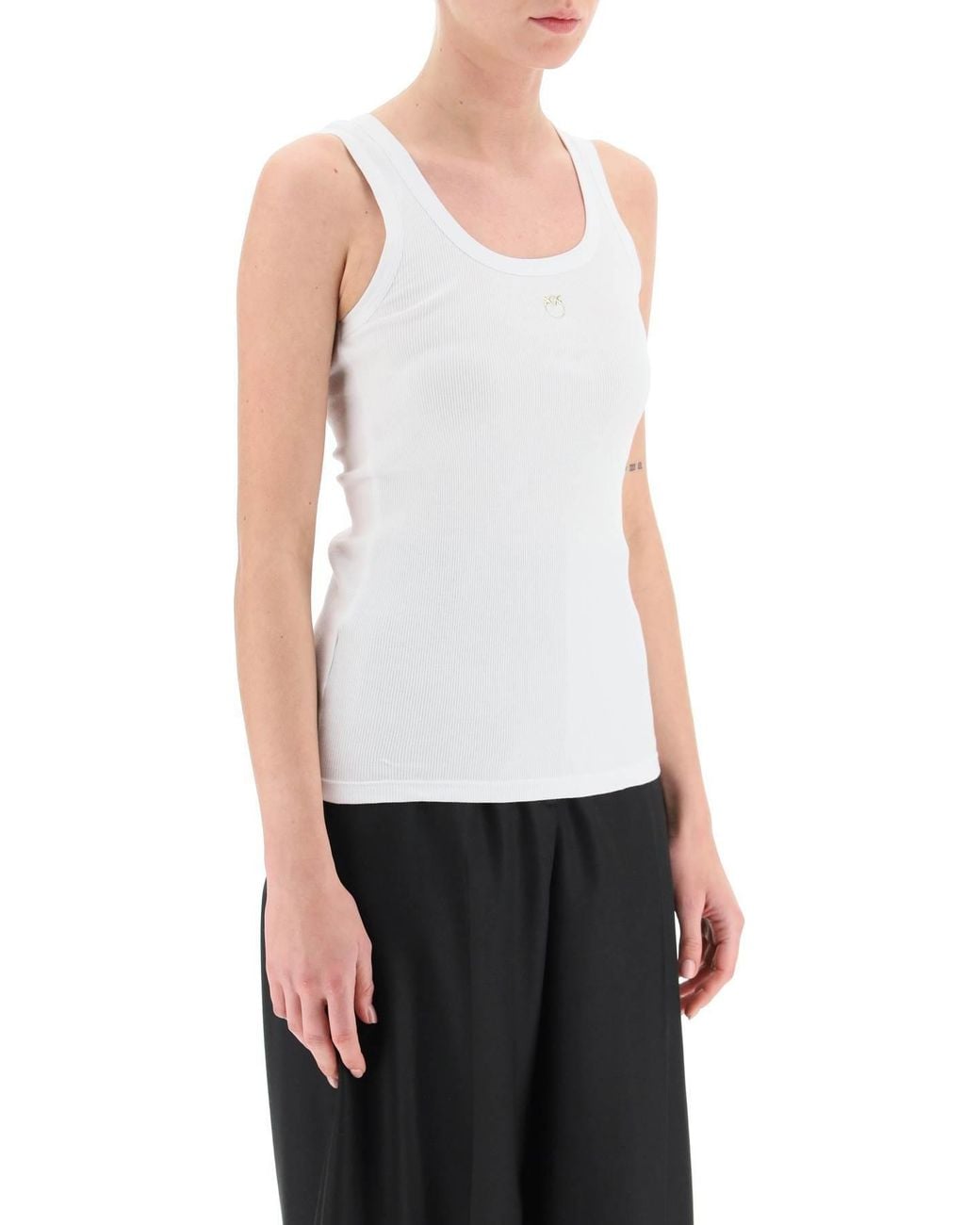 Pinko White Logo Plaque Ribbed Tank Top