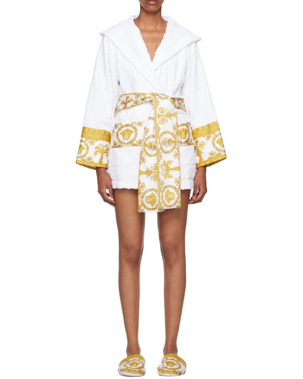 Versace White Baroque Printed Belted Waist Robe