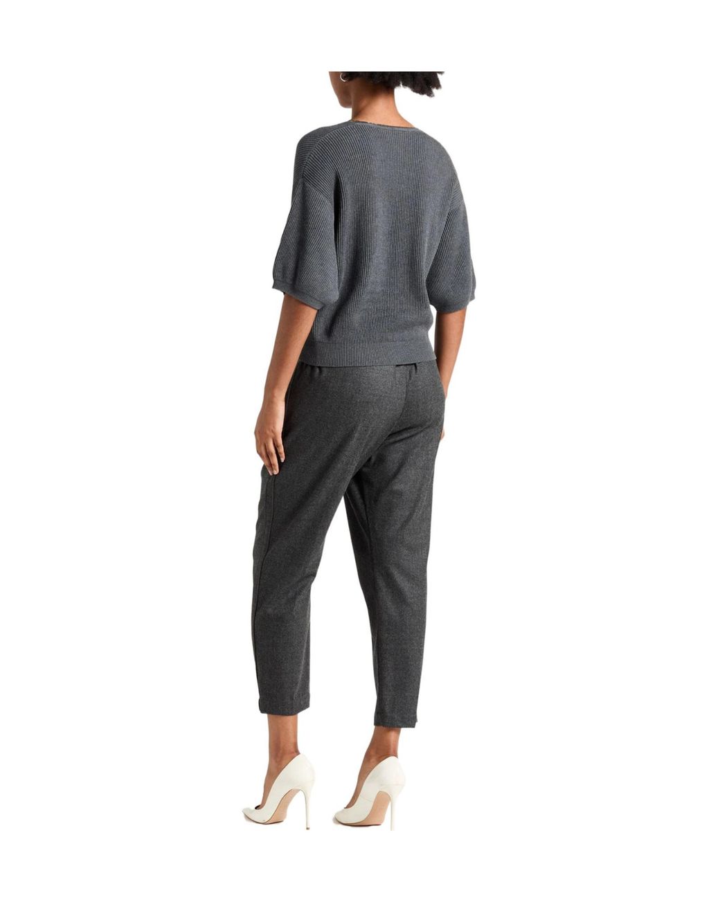 Brunello Cucinelli Black Lightgrey Vneck Shortsleeve Knit Sweater