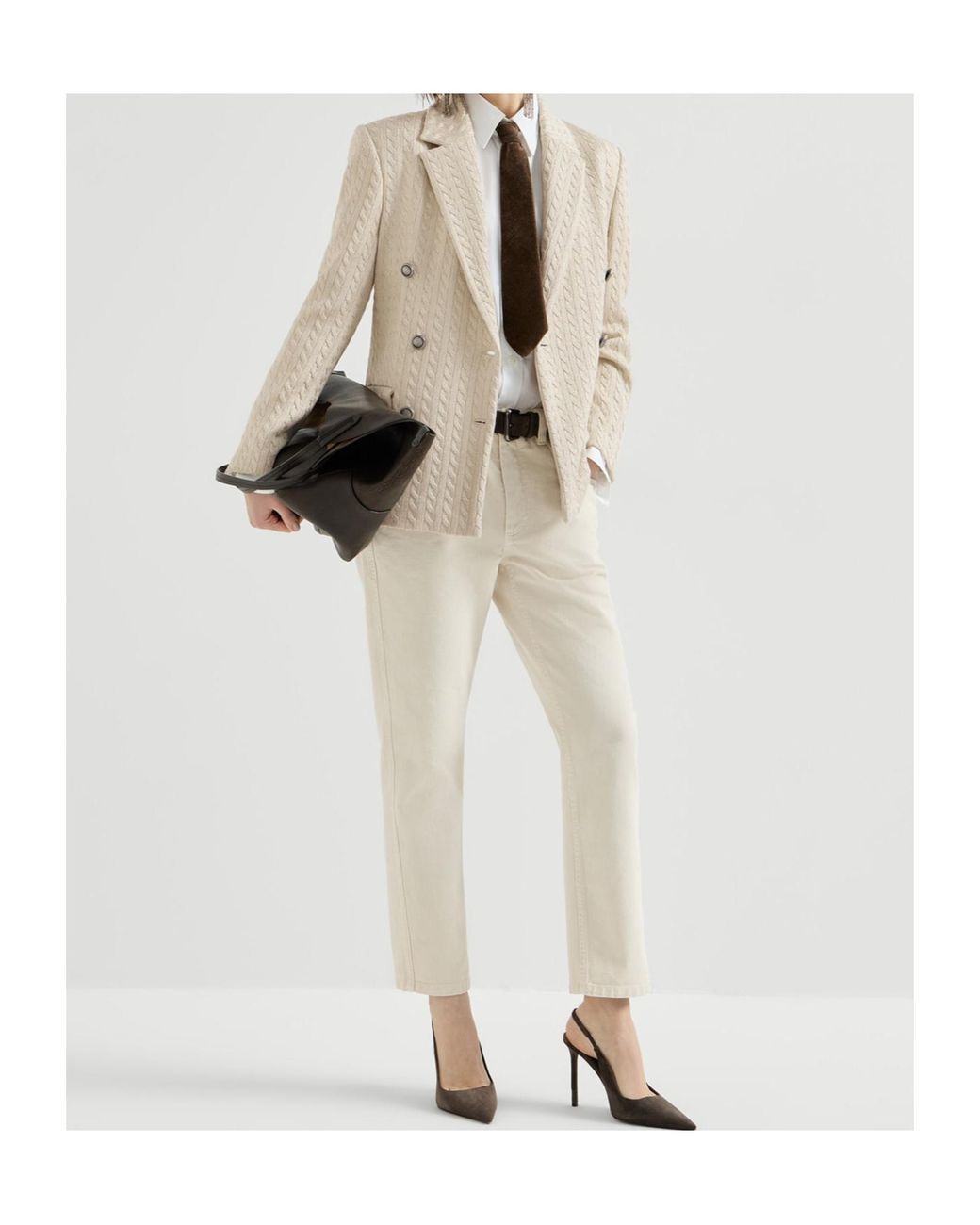 Brunello Cucinelli Natural Sparkling Cotton And Viscose English Rib Knit Blazer With Monili