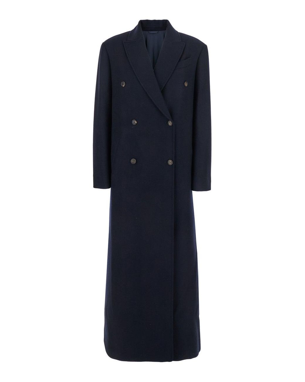 Brunello Cucinelli Blue Double-Breasted Long Coat With Peak Revers