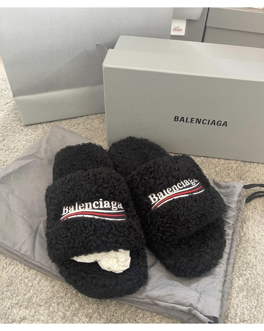 Balenciaga Black Logo Embroidered Furry Slide Sandals