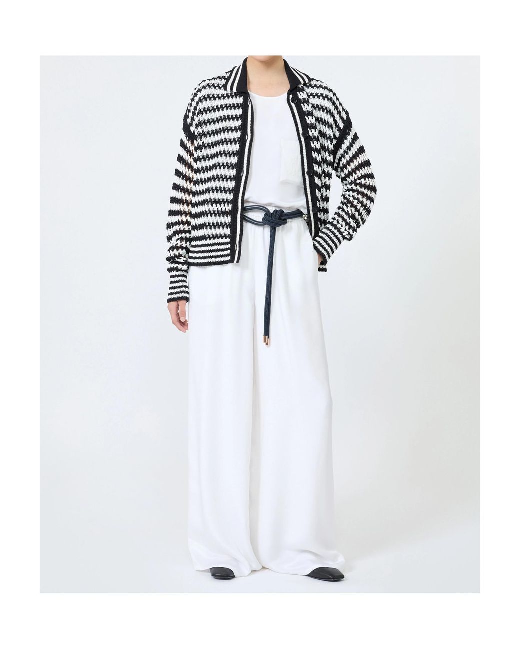 Max Mara Gray Pinstripe-Pattern Crochet-Knit Cardigan