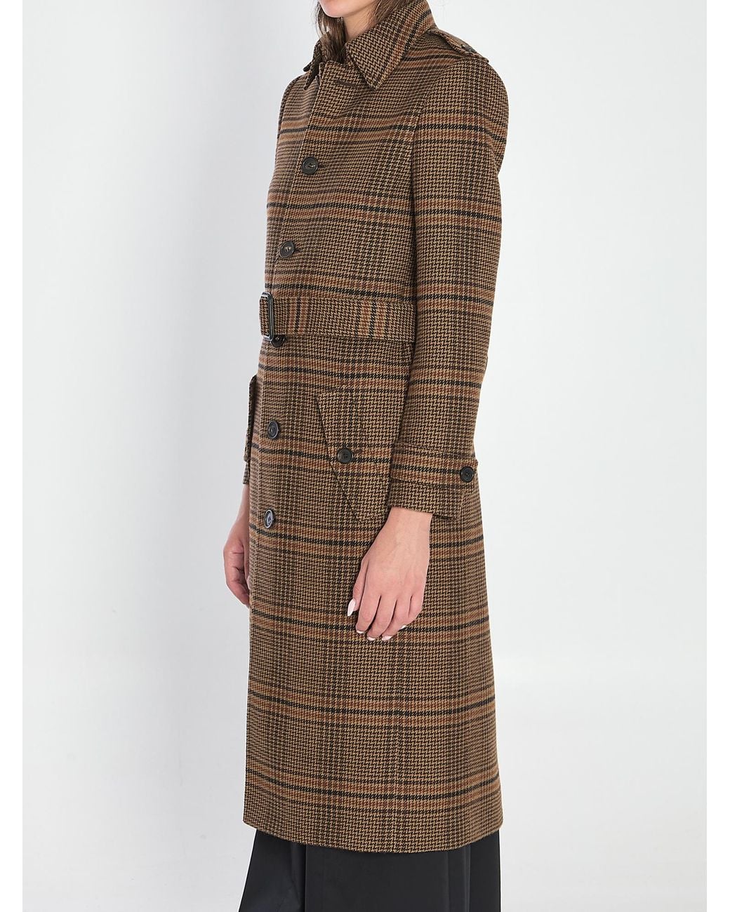 Saint Laurent Natural Prince Of Wales Belted Long Coat