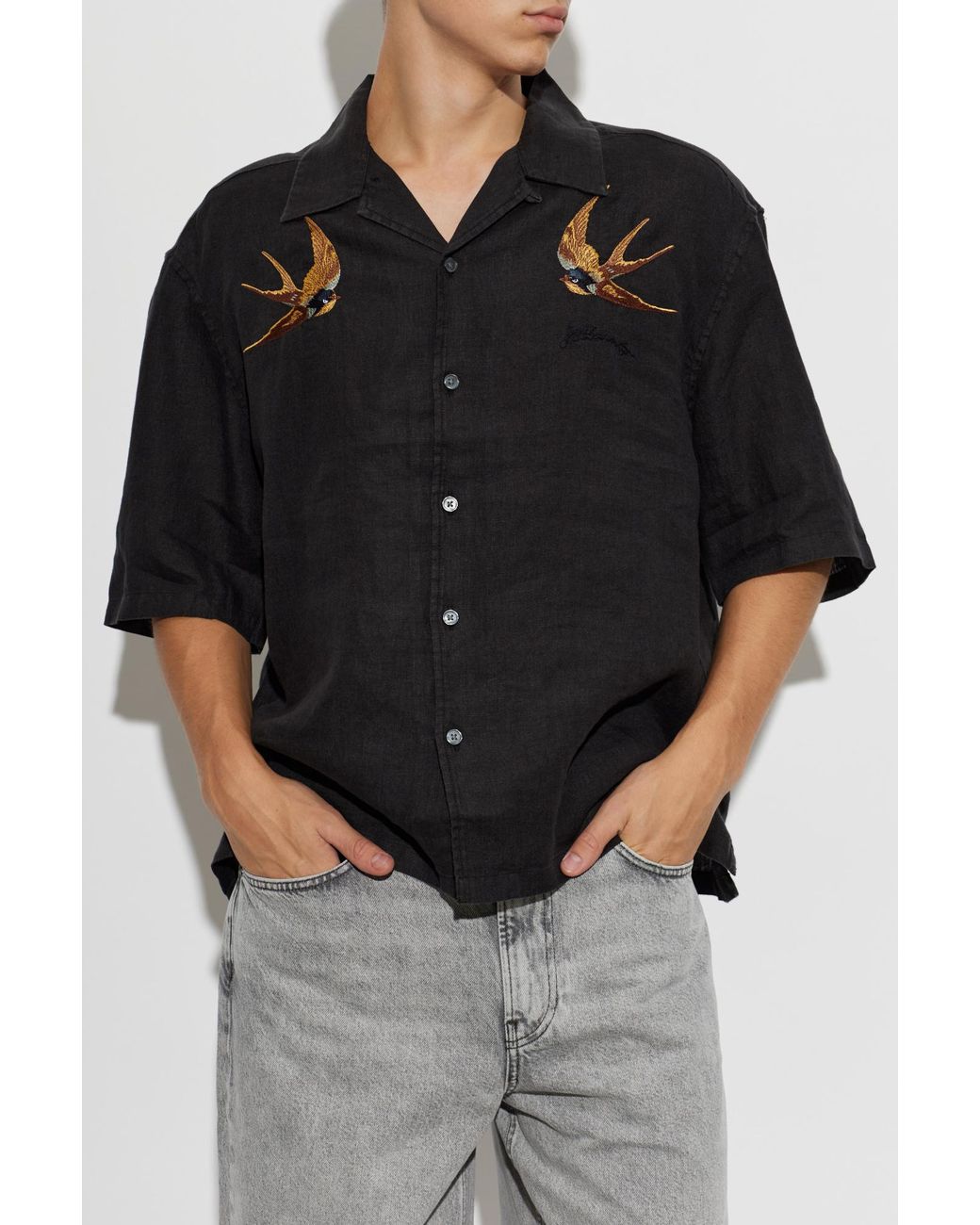 AllSaints Black Avia Embroidered Short-Sleeve Shirt for men