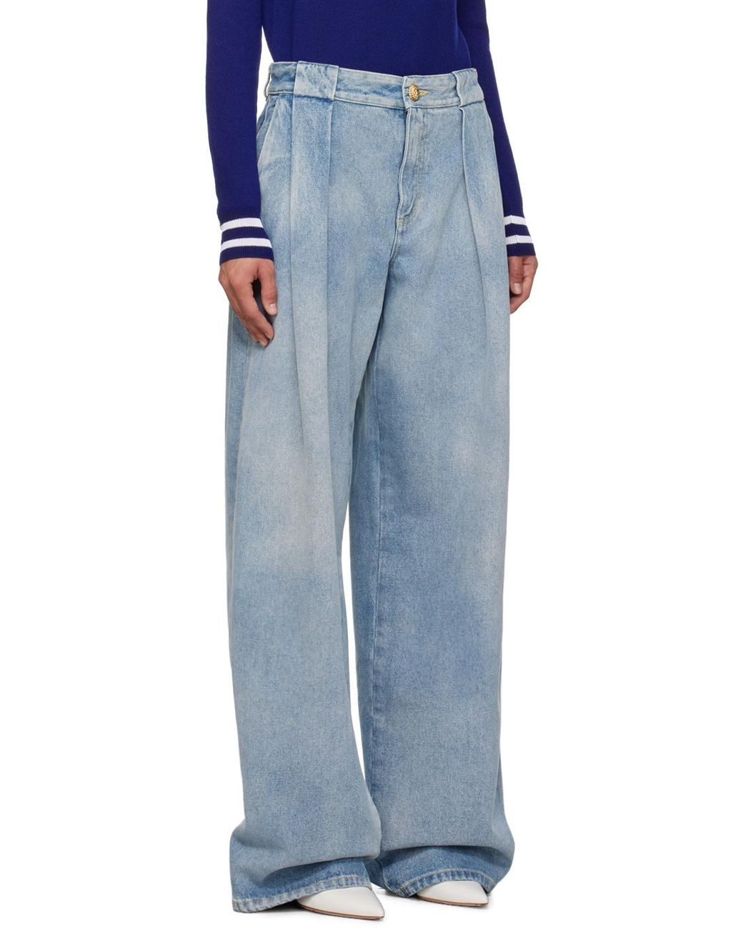 Balmain Blue Logo Detailed Pleated Jeans