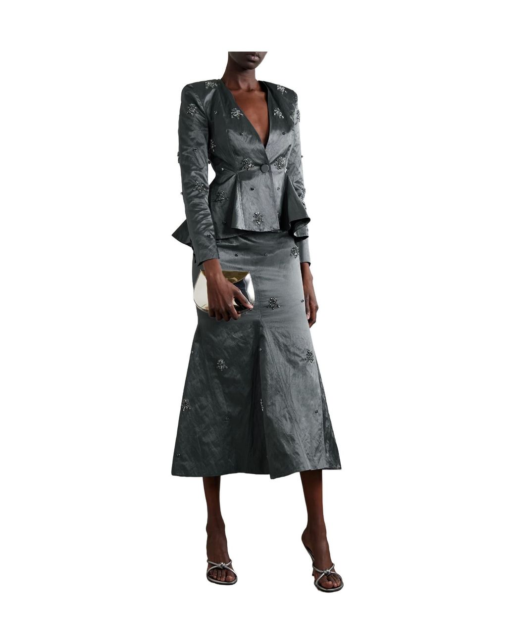 Huishan Zhang Black Antoine Crystal-Embellished Crinkled Satin-Twill Blazer