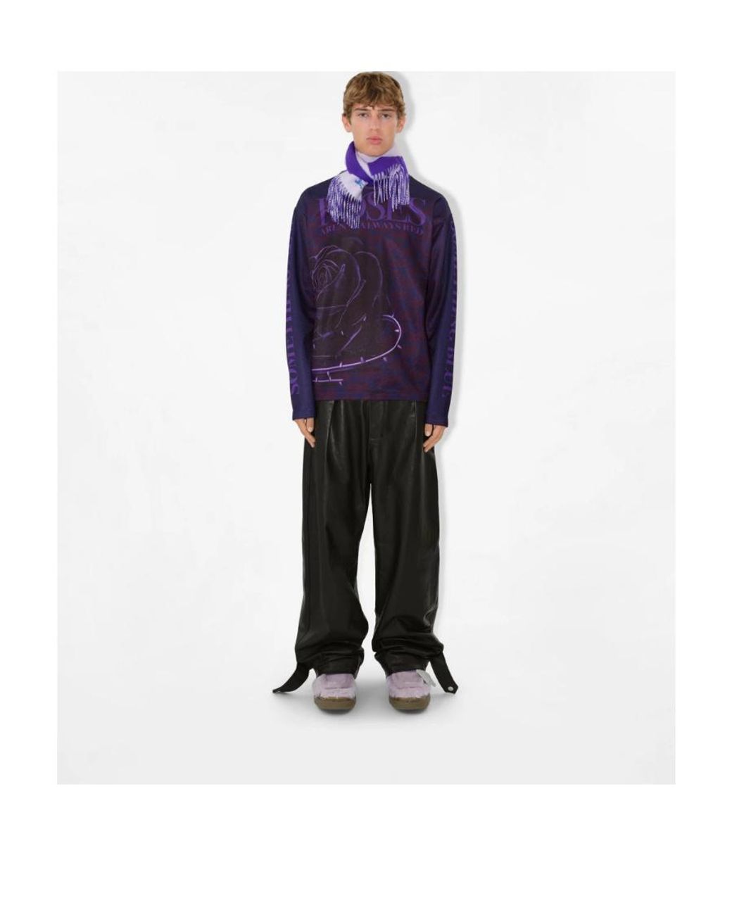 Burberry Purple Logo Embroidered Fringed Edge Scarf for men