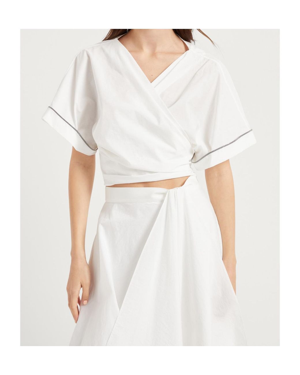 Brunello Cucinelli White Shiny Trim Poplin Kimono-Style Top