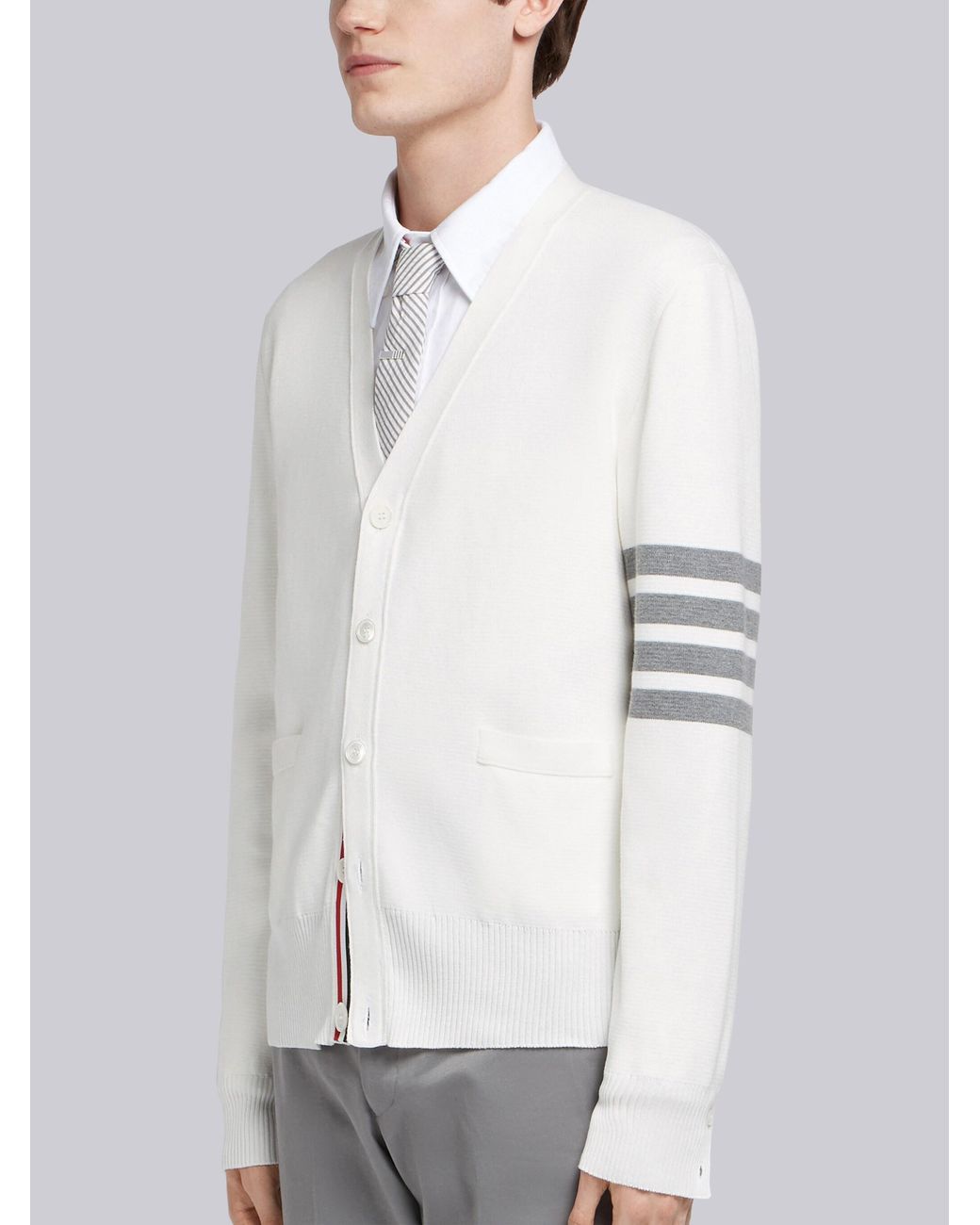 Thom Browne White Bar V-Neck Cardigan for men