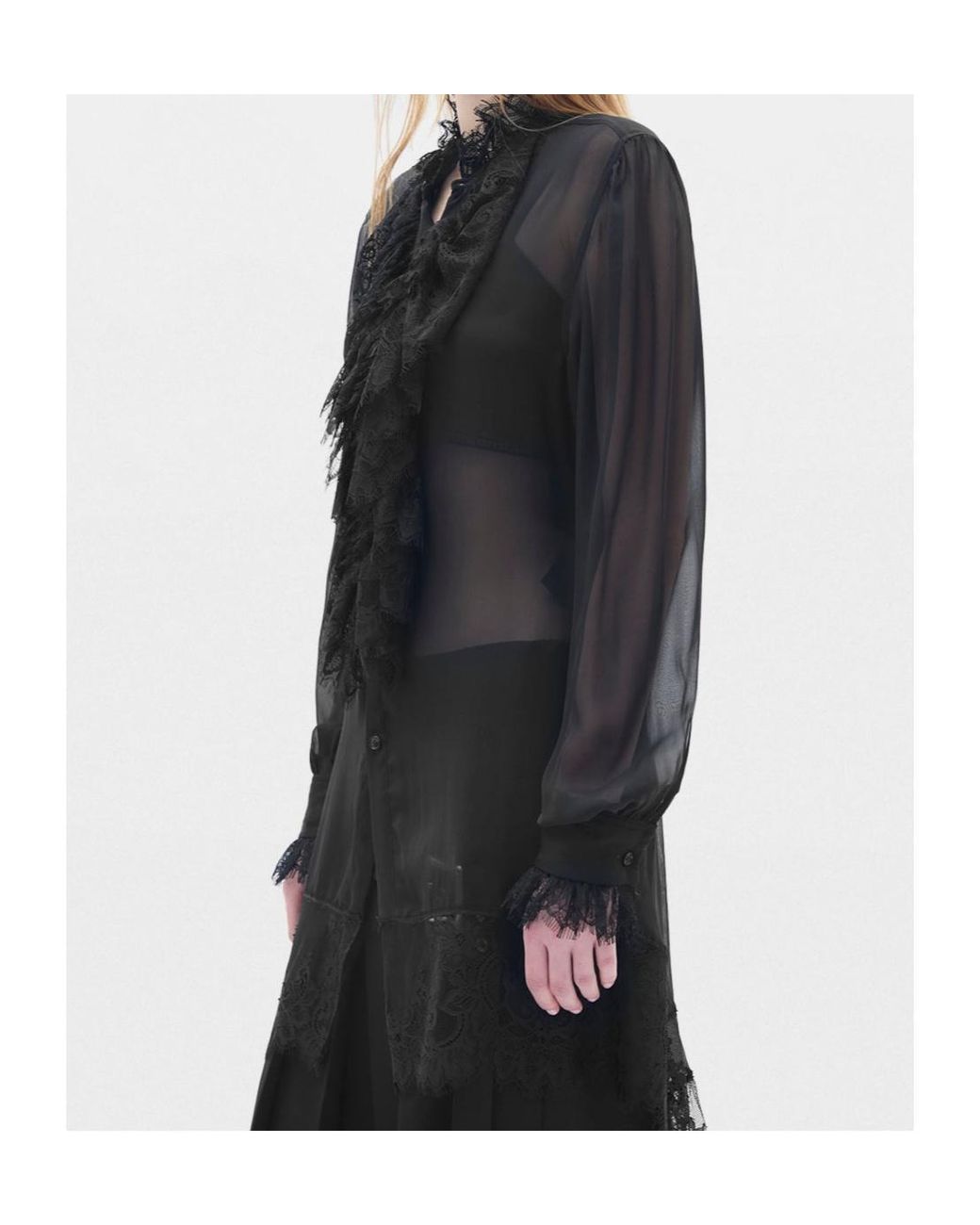 Ann Demeulemeester Black Barah Long Comfort Shirt With Lace Ruffles