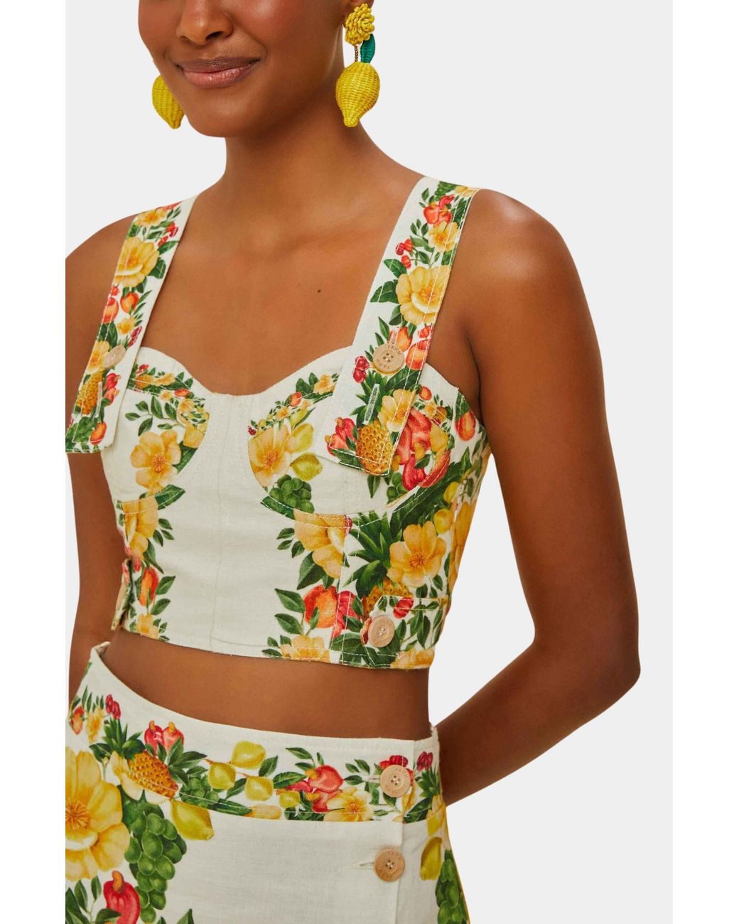 Farm Rio Yellow Cropped Printed Linen Top