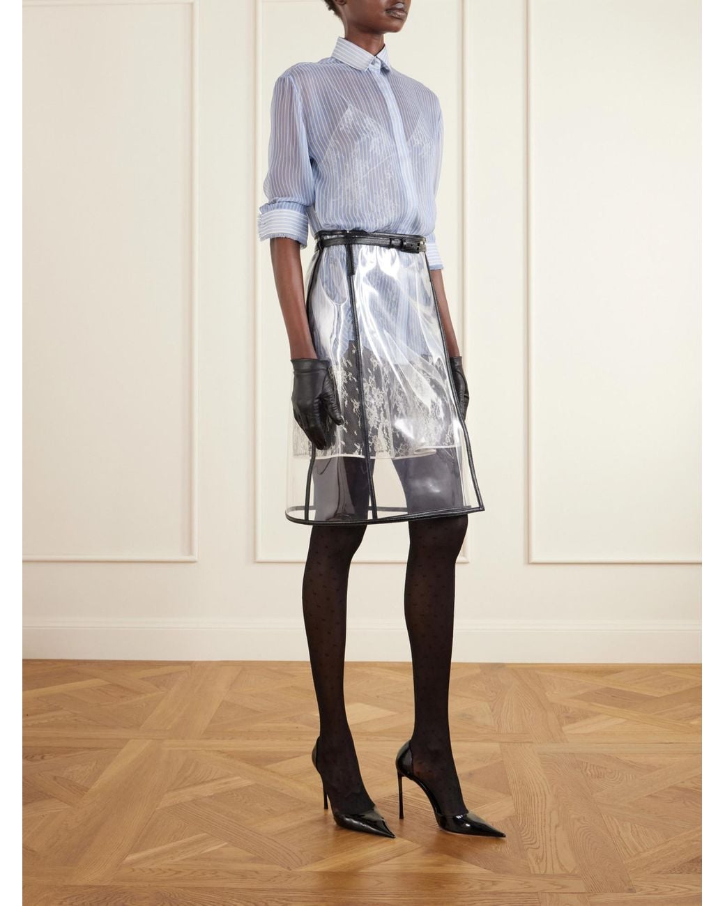 Tom Ford Black Effect Leather-Trimmed Knee-Length Skirt