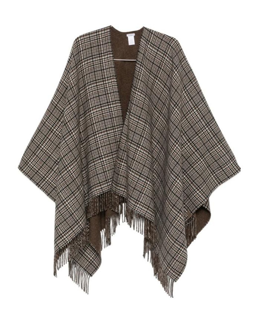 Brunello Cucinelli Gray Check-Pattern Fringed Poncho