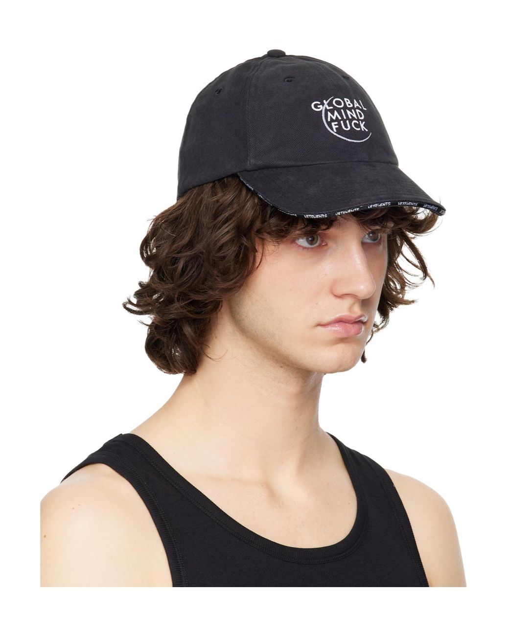 Vetements Black Global Mf Embroidered Text Sticker Cap for men