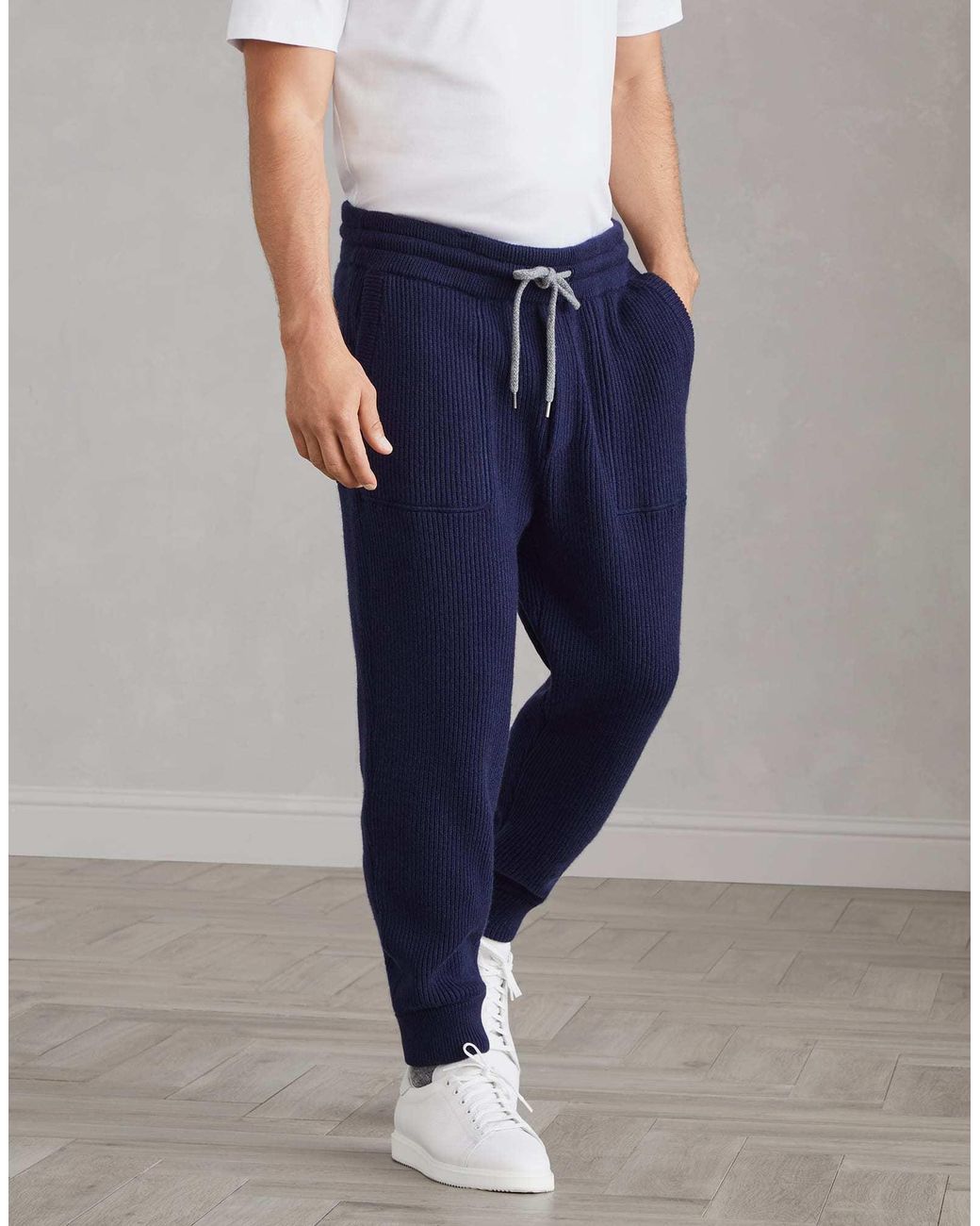 Brunello Cucinelli Blue Ribbed Knit Drawstring Joggers for men