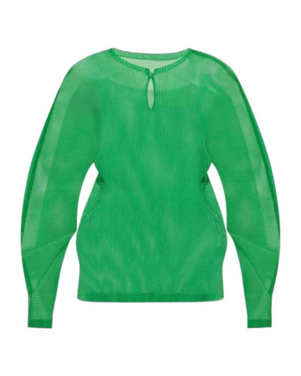 Pleats Please Issey Miyake Green Tatami April Keyhole-Neck Blouse
