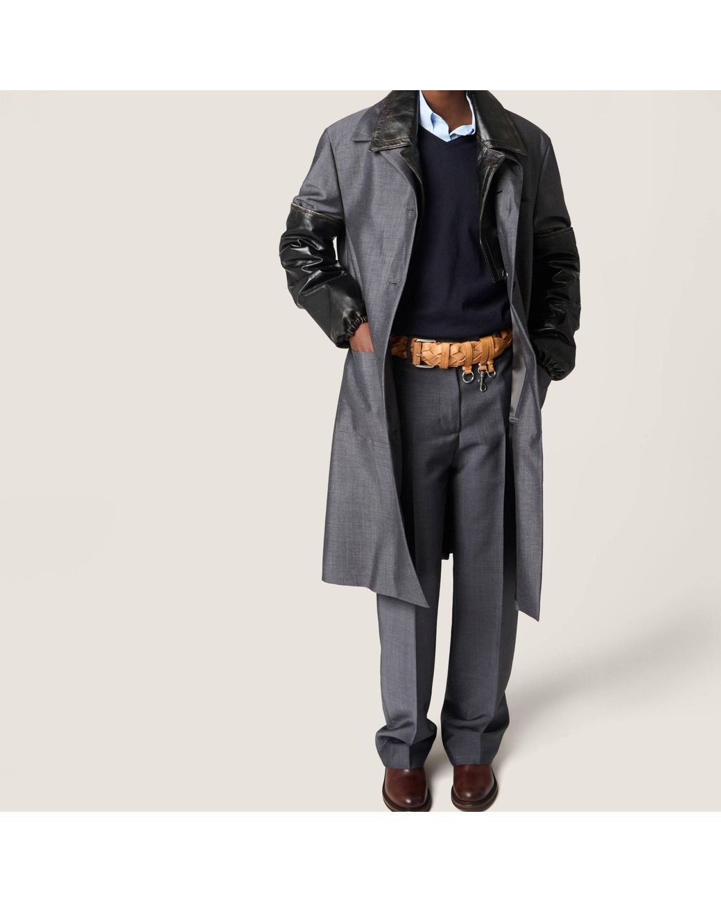 Miu Miu Gray Single-Breasted Kid Mohair And Leather Coat