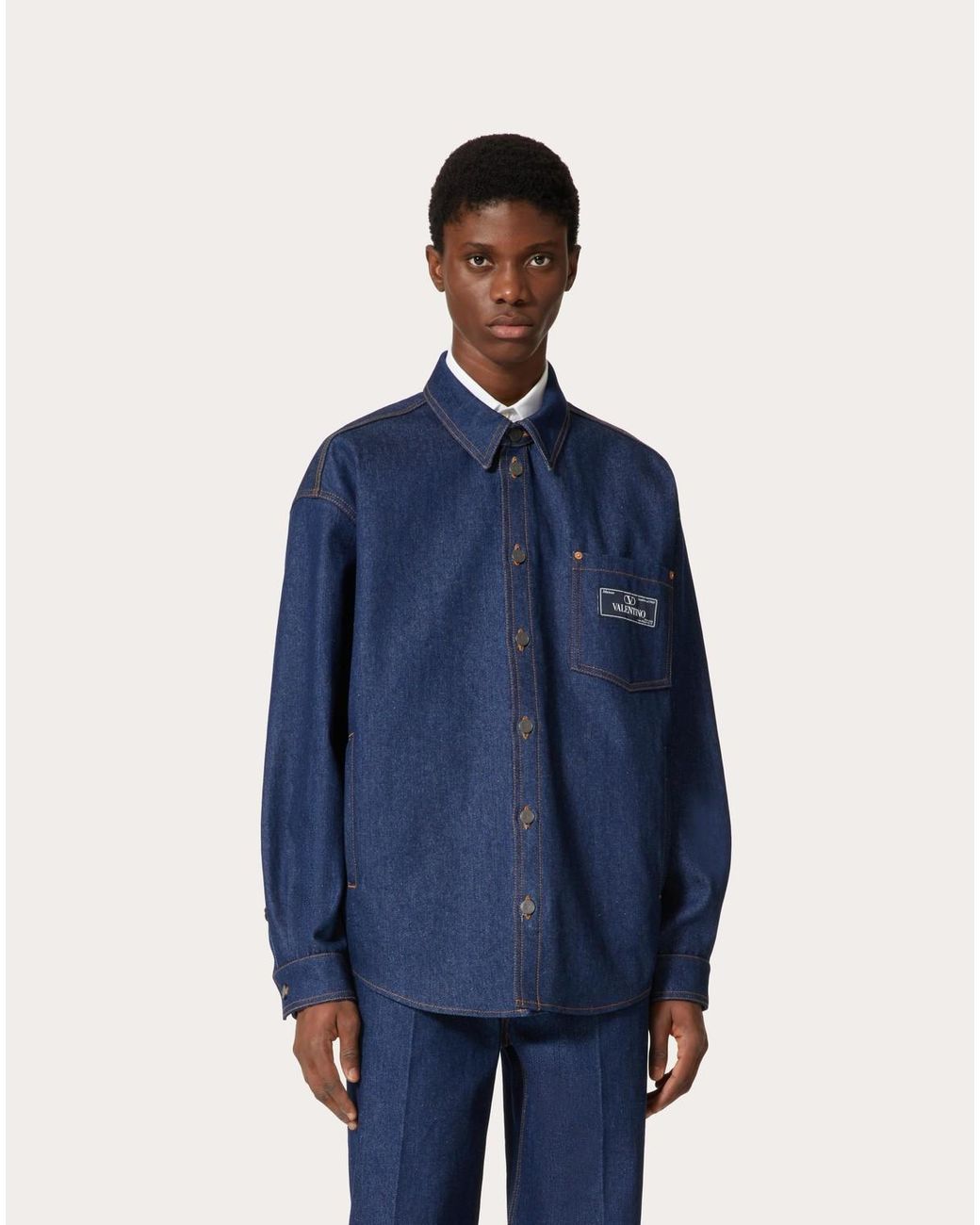 Valentino Blue Logo Patch Long-Sleeved Denim Shirt for men