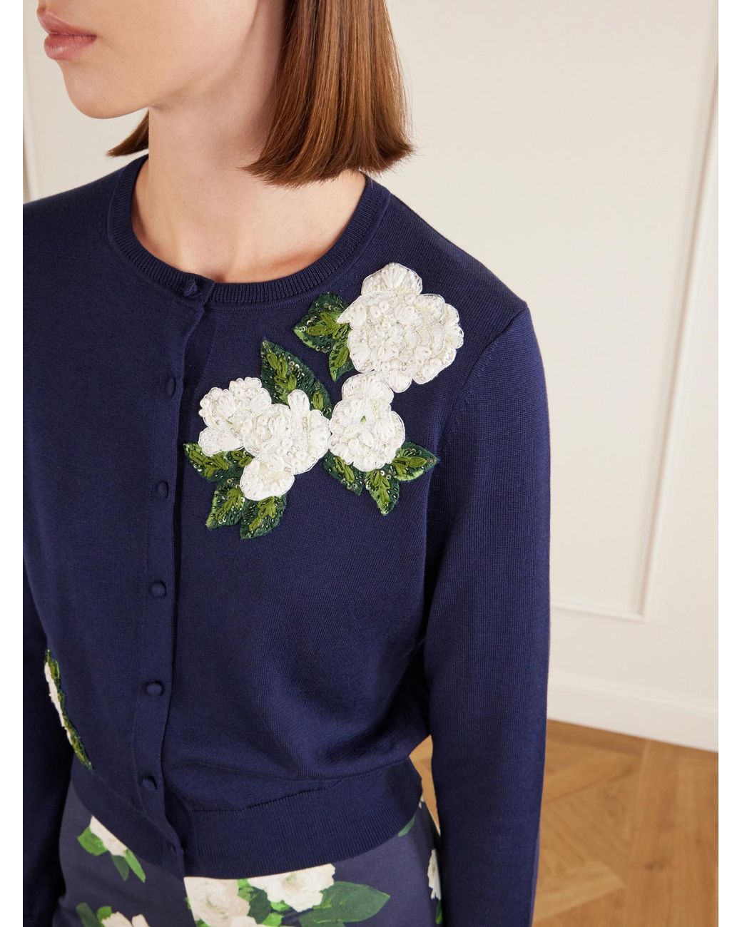 Carolina Herrera Blue Floral-Embellished Cardigan