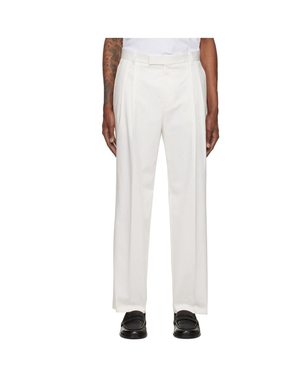 Boss White Pleated Straight-Leg Pants for men