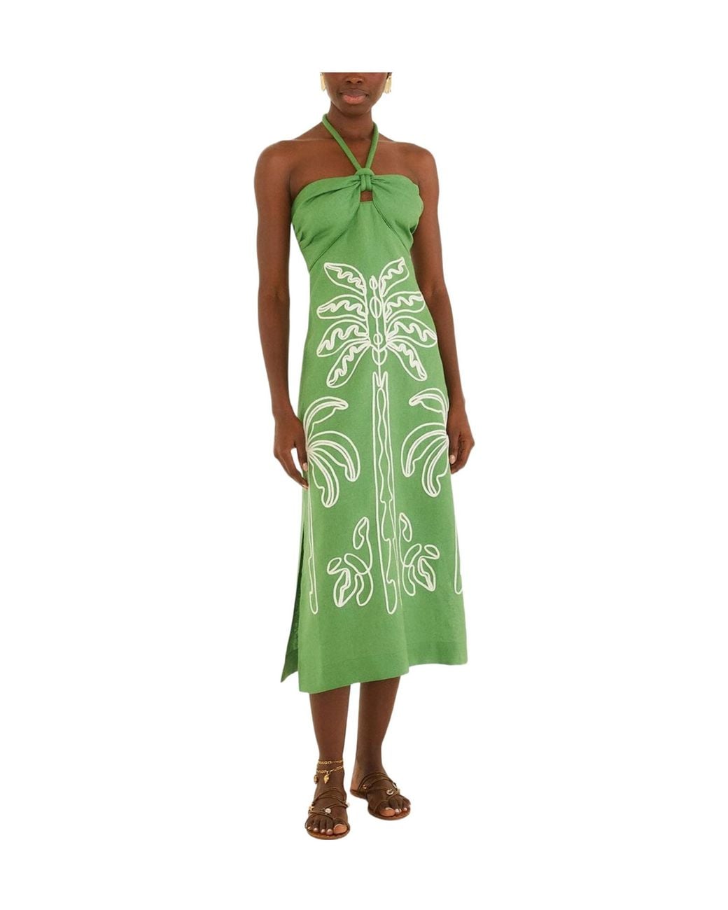 Farm Rio Green Palm-Tree Embroidery Midi Dress