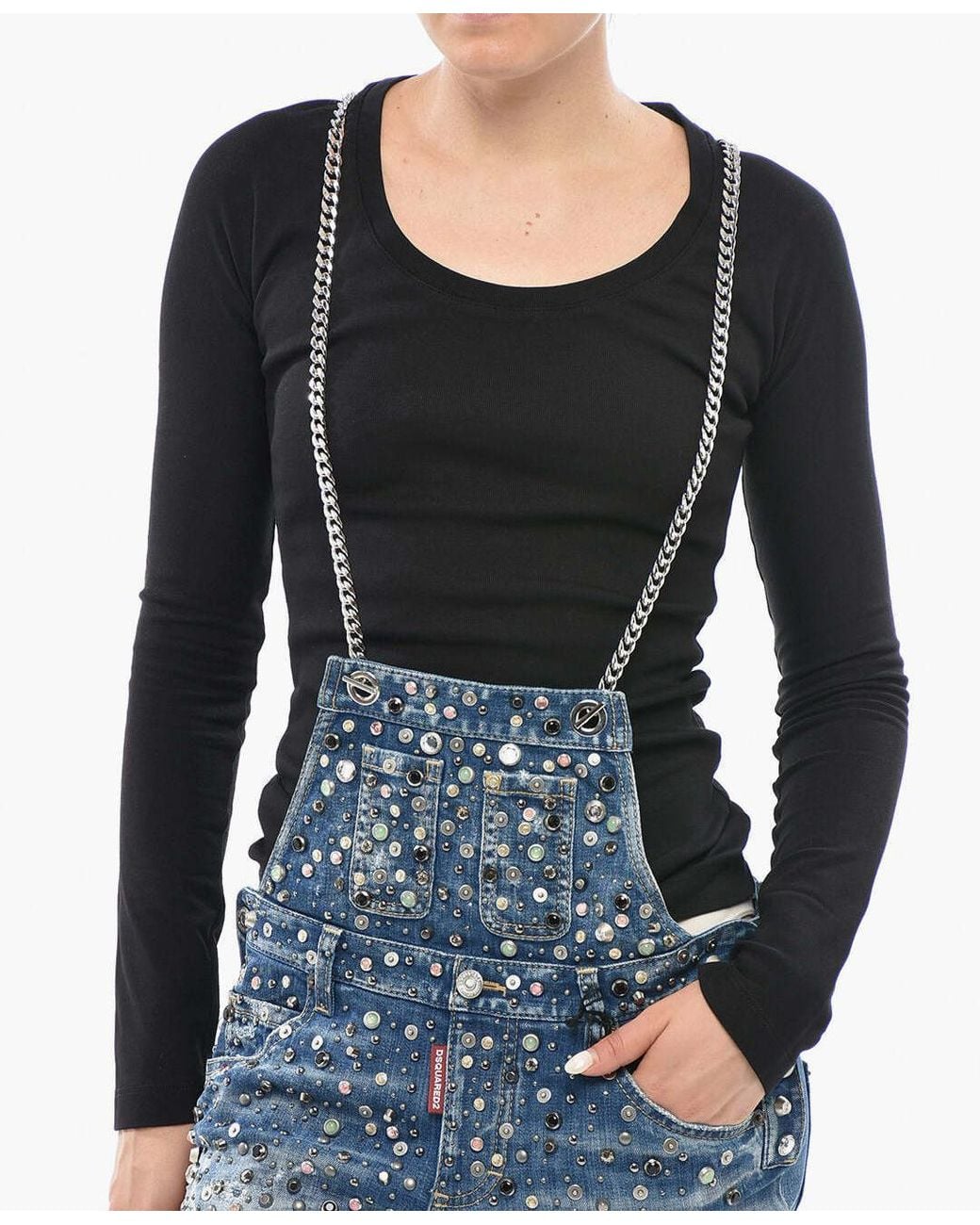 DSquared² Blue Jewel-Embellished Chain-Strap Jumpsuit