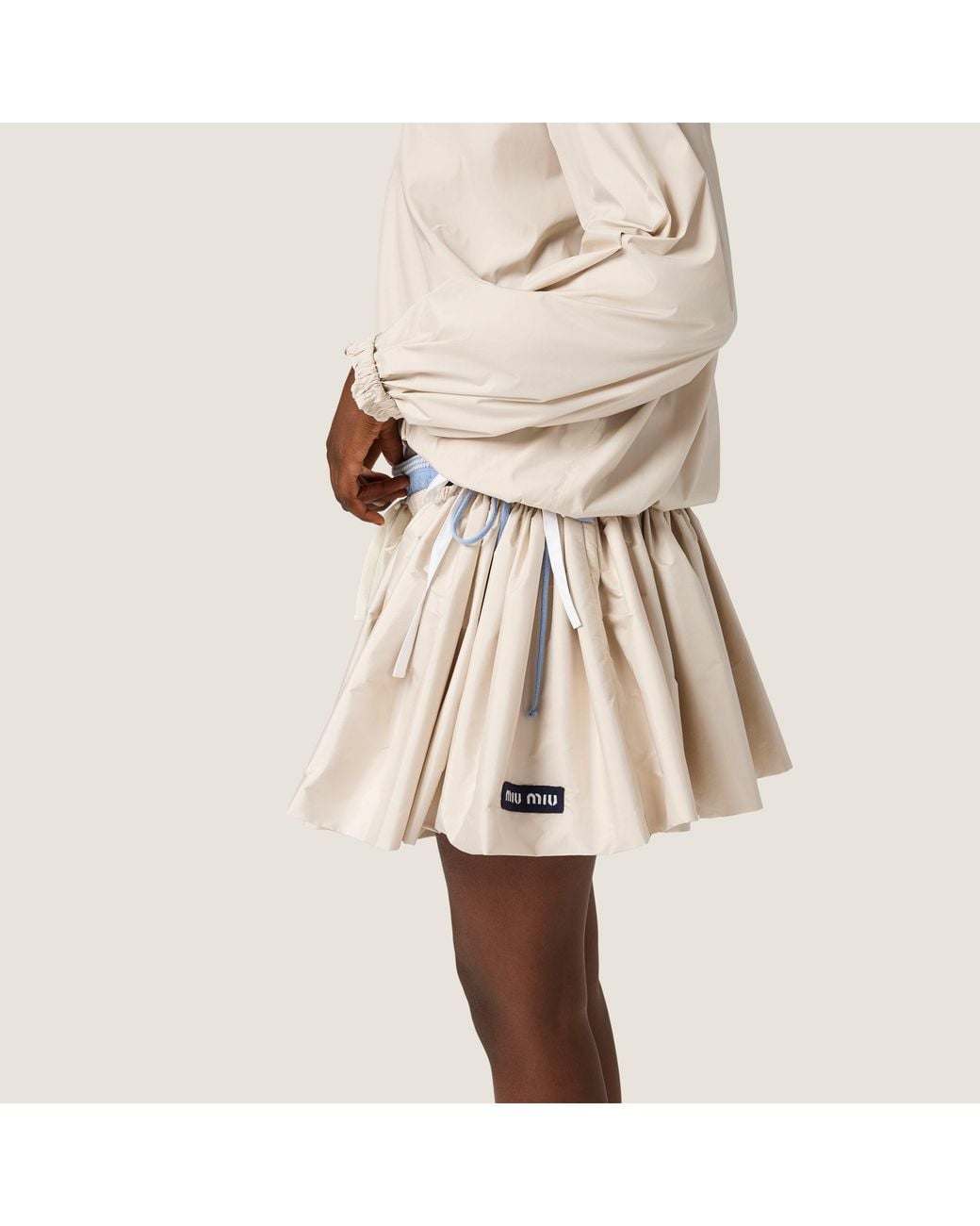 Miu Miu Natural Logo-Patch Drawstring Mini Skirt