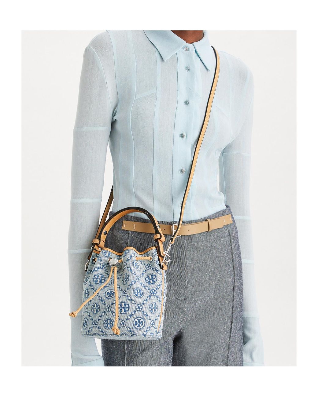 Tory Burch Blue T Monogram Drawstring Bucket Bag