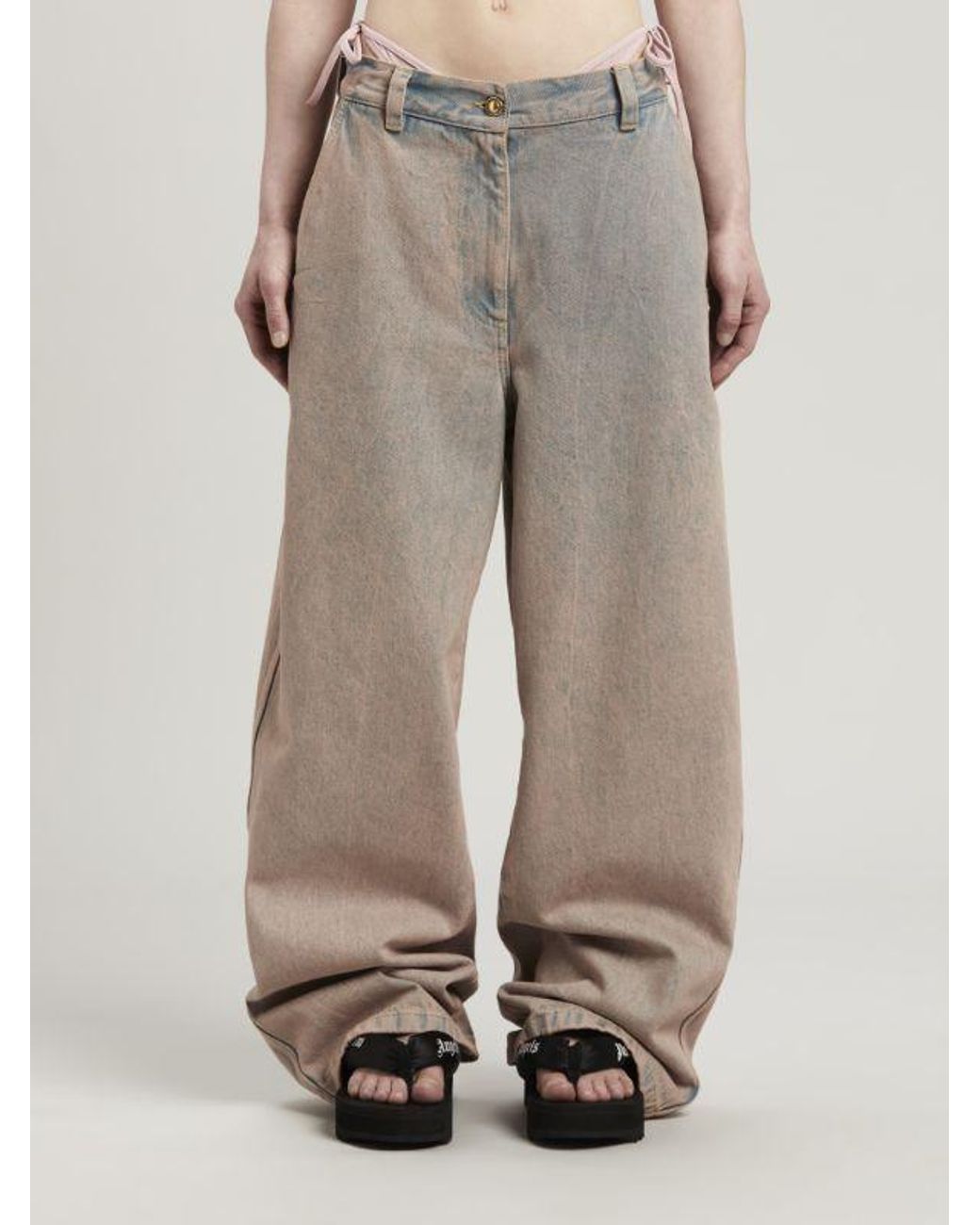 Palm Angels Gray Logo-Embroidered Overdye-Wash Jeans