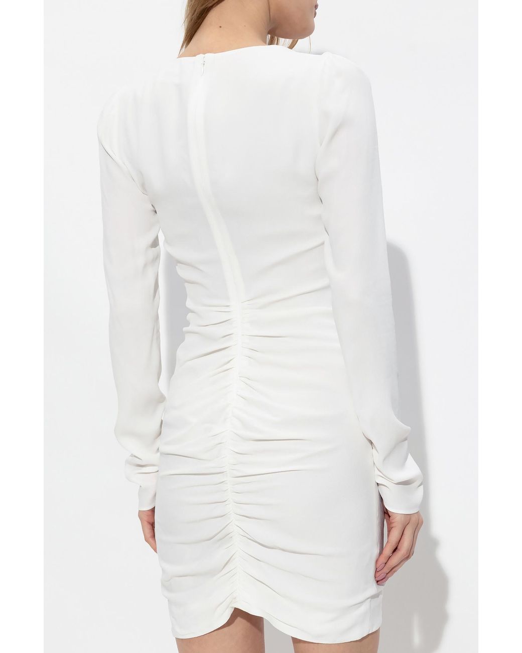 DSquared² White Long Sleeved V-Neck Gathered Mini Dress