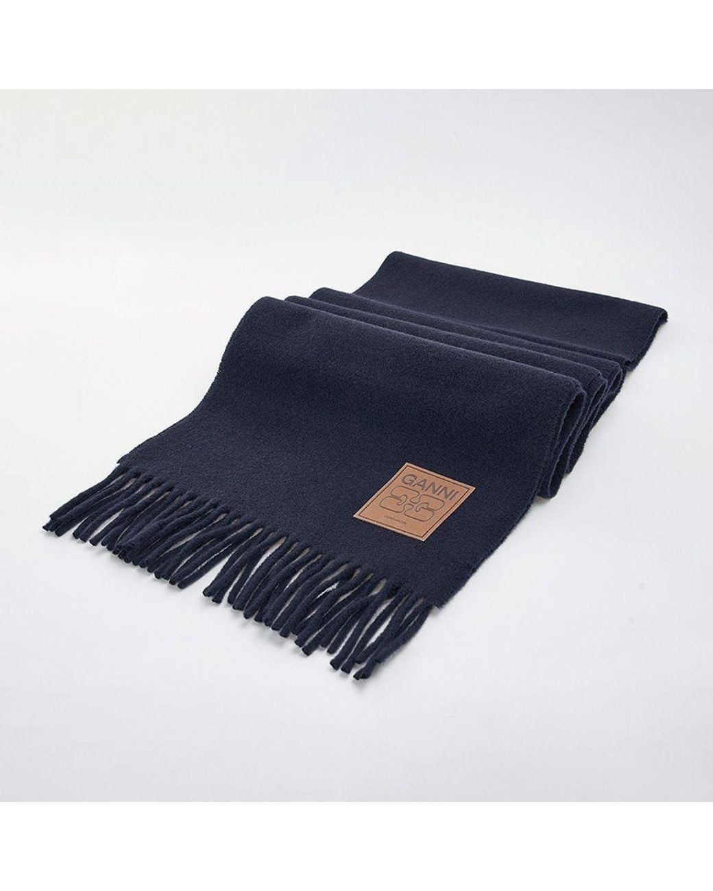 Ganni Blue Logo Patch Fringed Scarf