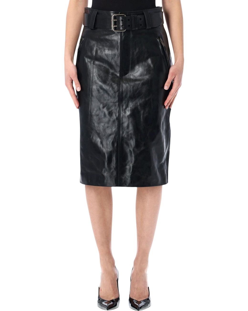 Saint Laurent Black High Waisted Creased Pencil Skirt