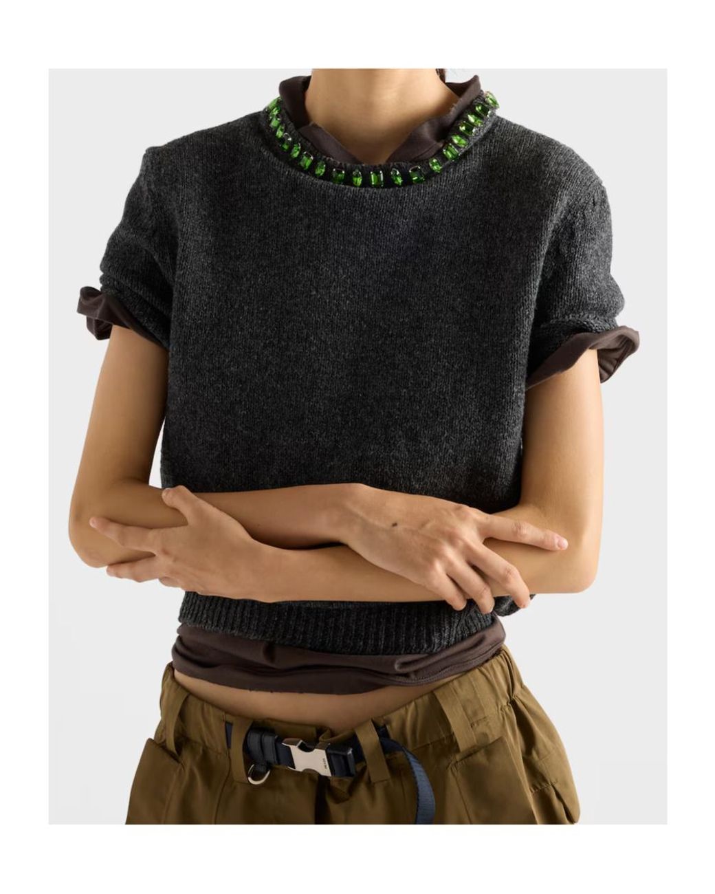 Prada Gray Embellished Short-Sleeved Jumper