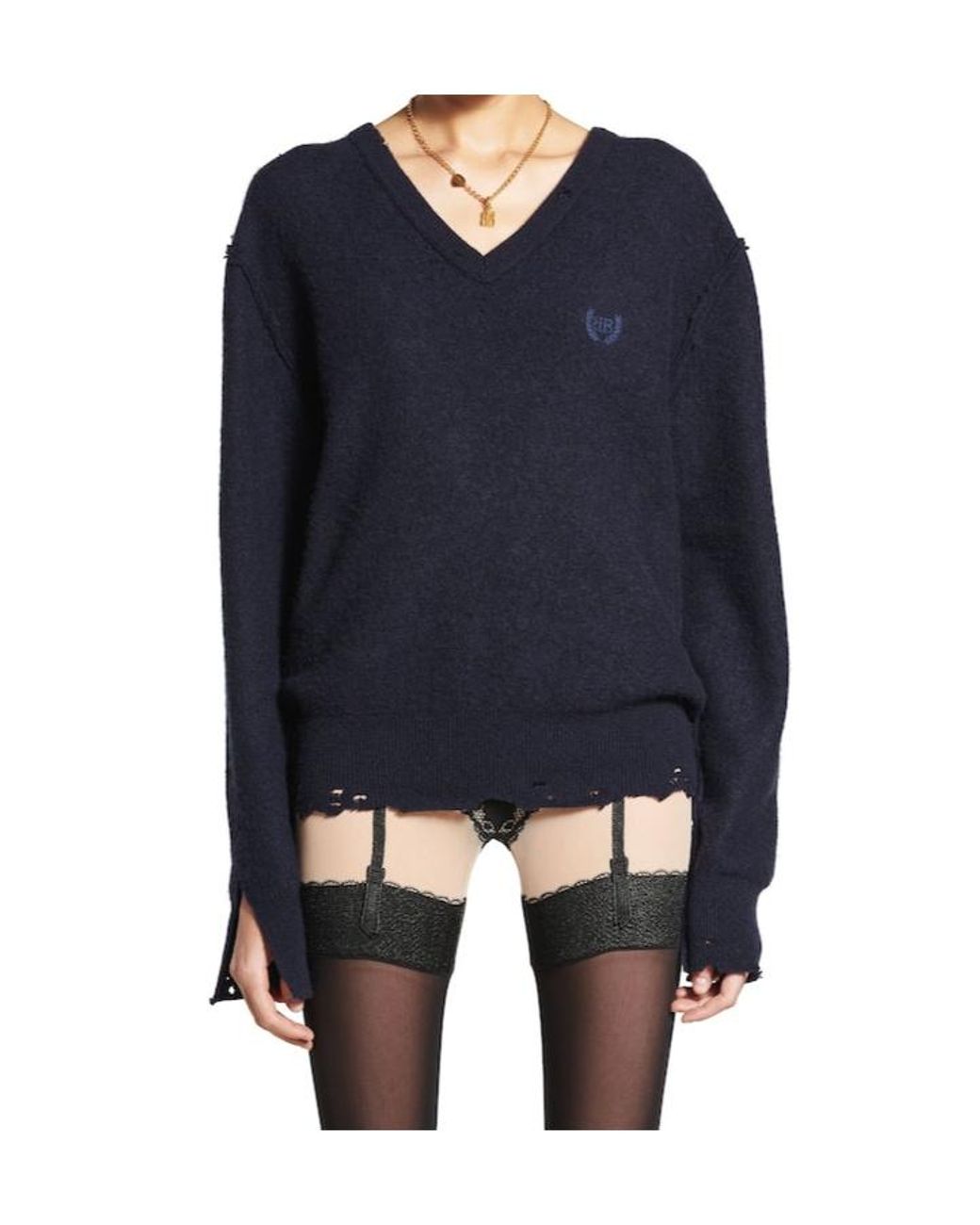 Balenciaga Blue Laurel Classic V-Neck Destroyed Sweater