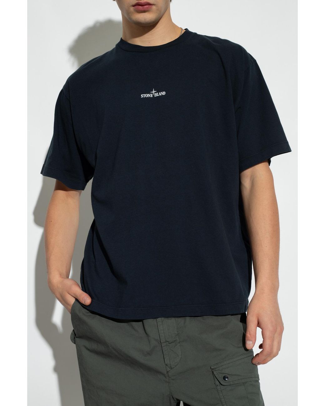 Stone Island Blue Logo Printed Crewneck T-Shirt for men