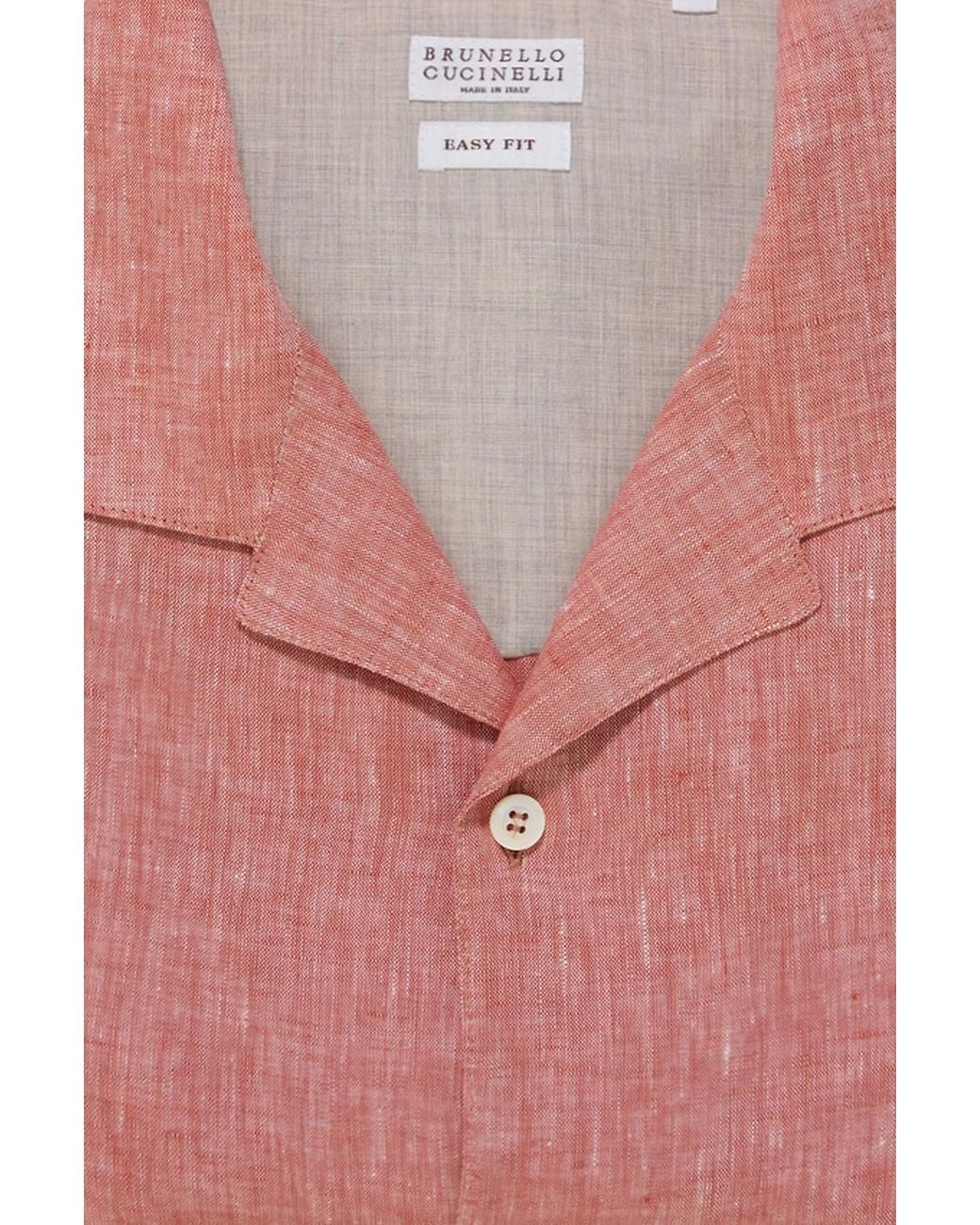Brunello Cucinelli Pink Linen Easy Fit Short Sleeve Shirt With Camp Collar for men