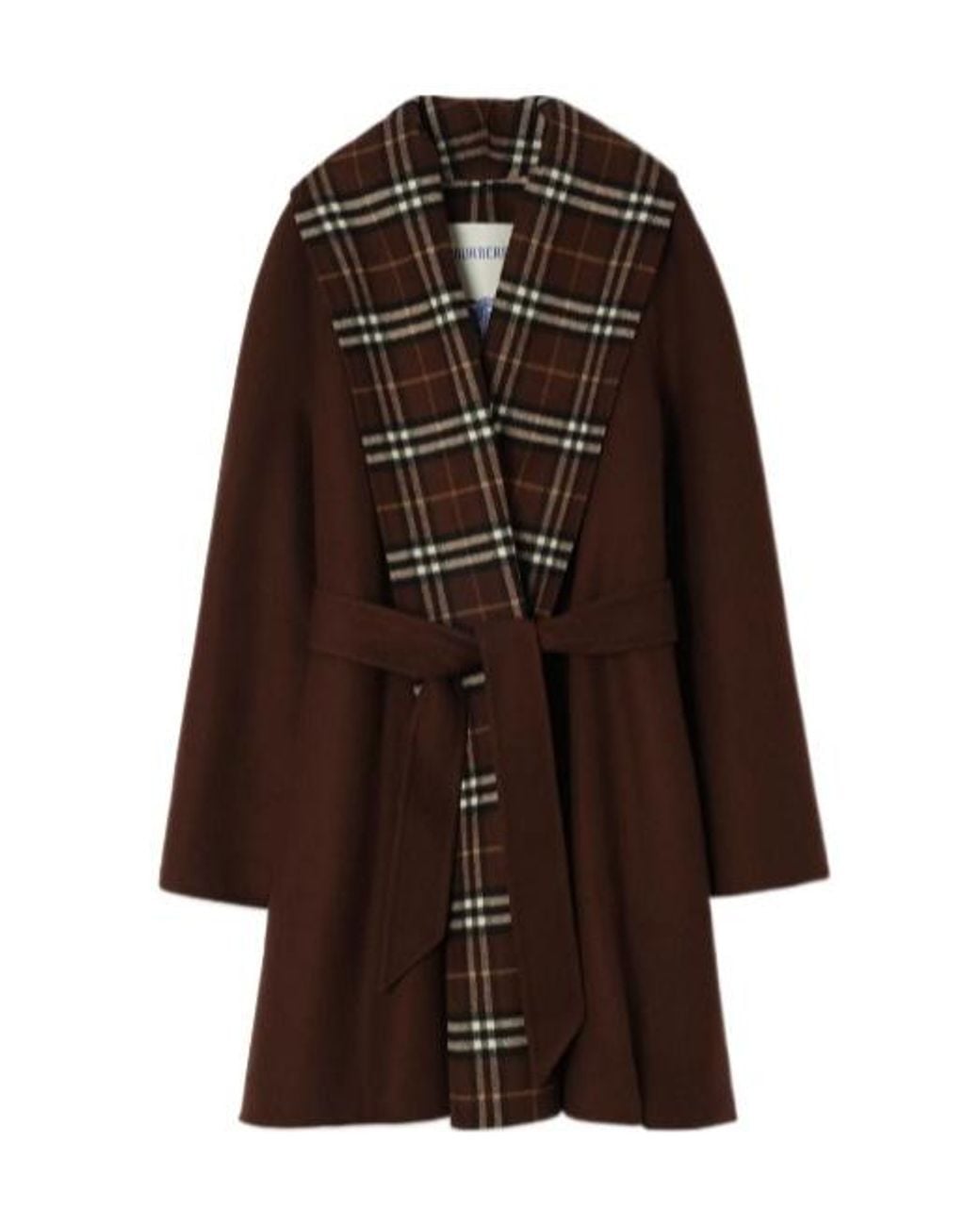 Burberry Brown Wool Check-Trim Wrap Coat