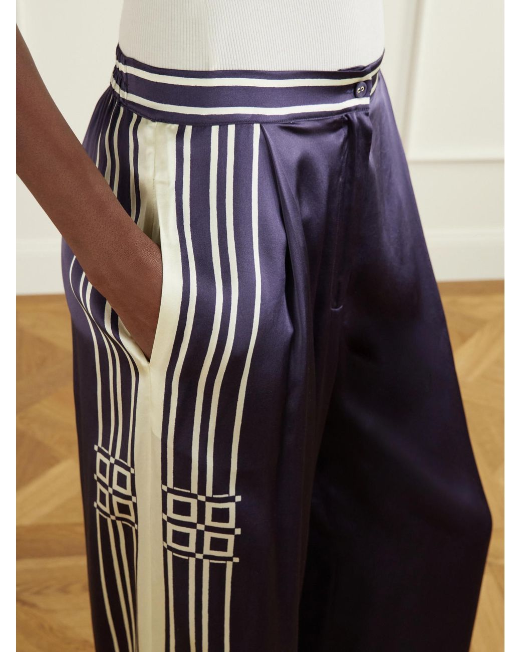 ALÉMAIS Blue Printed Silk-Satin Wide-Leg Pants