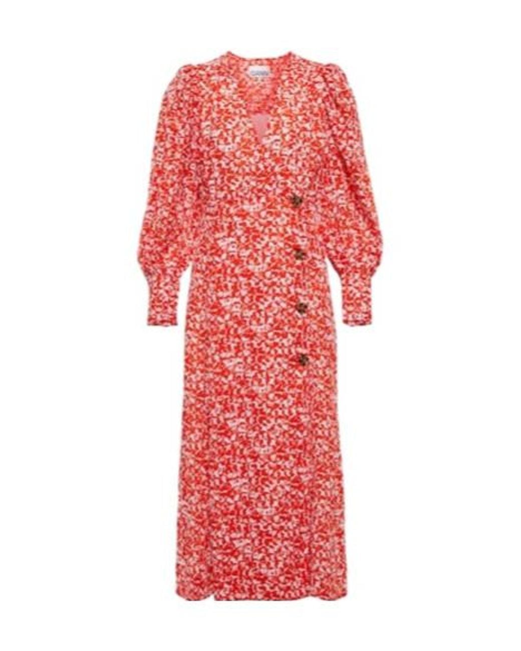Ganni Red Floral Print Midi Dress