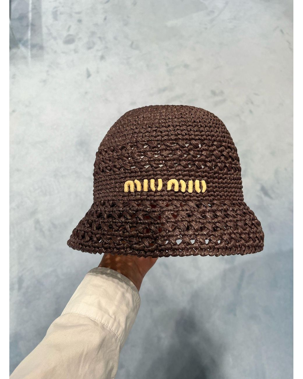Miu Miu Logo Embroidered Crochet-Knitted Bucket Hat in Brown