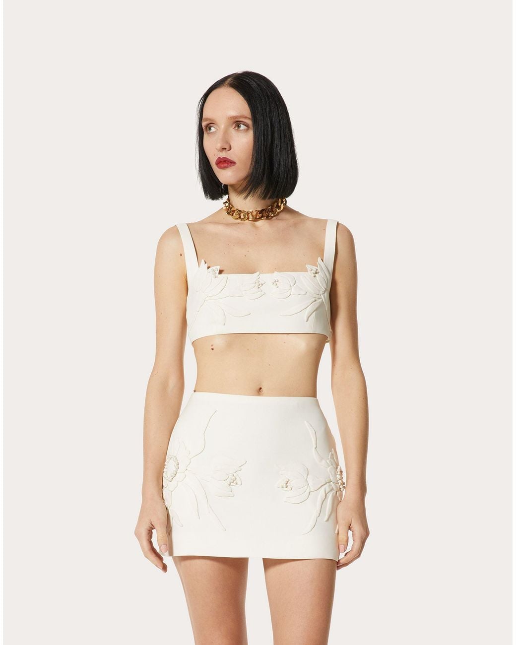Valentino White Floral-Appliqué Crop Top