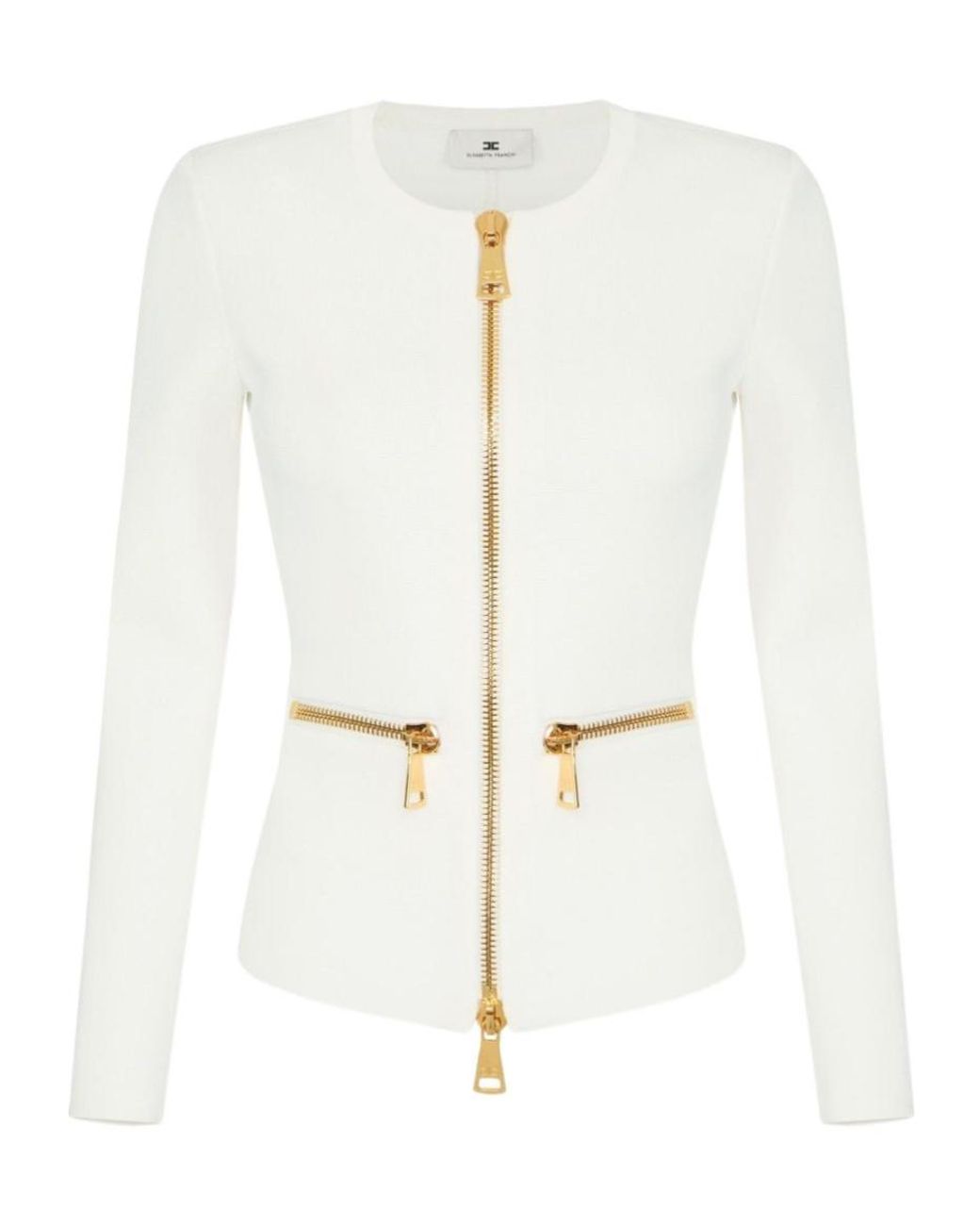 Elisabetta Franchi White Zip-Front Fitted Cardigan
