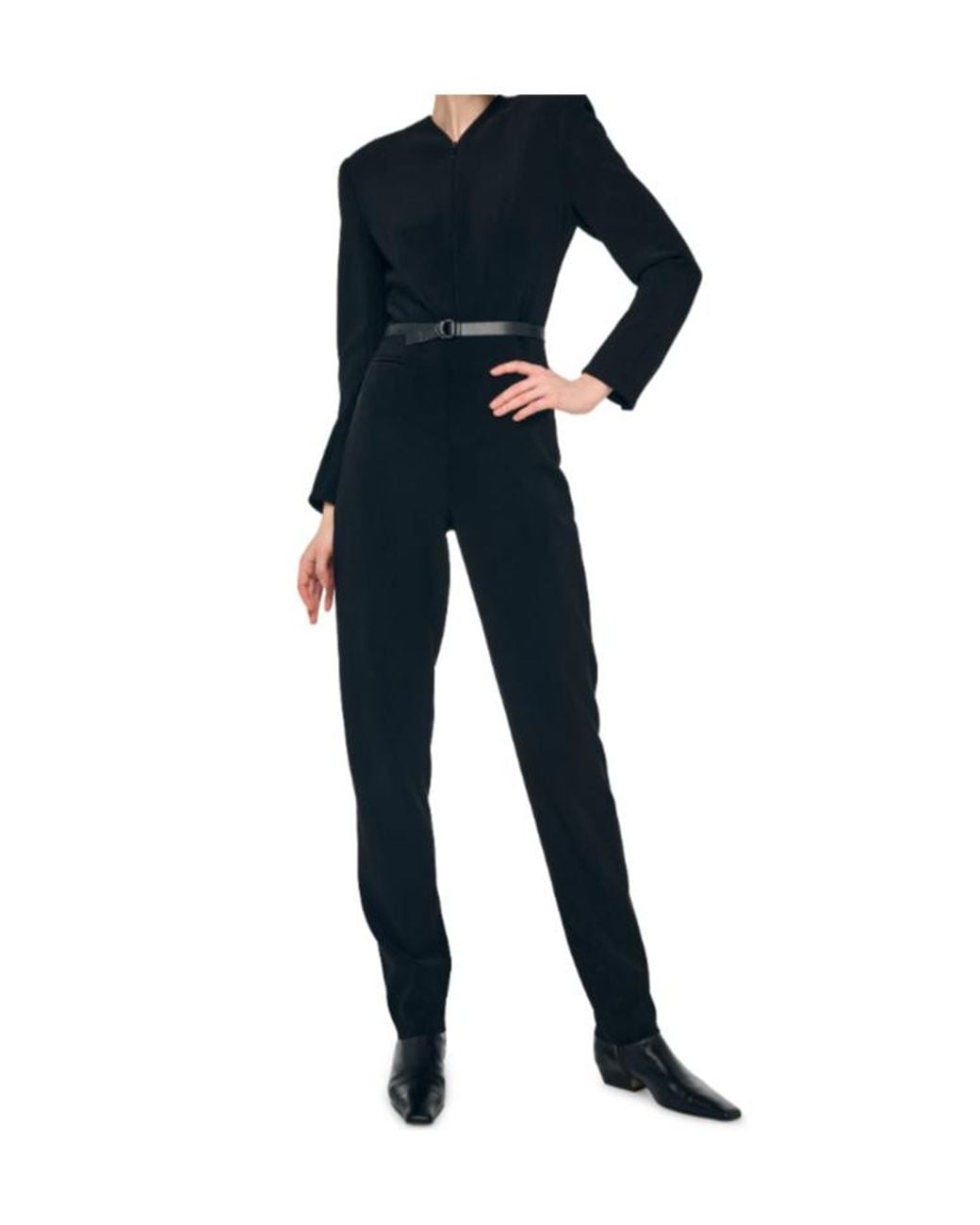 Norma Kamali Black Ls V Neck Zip Front Tapered Jumpsuit