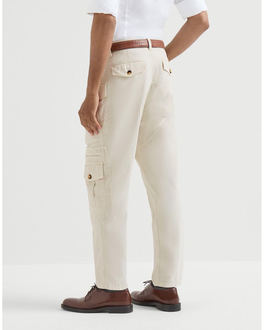 Brunello Cucinelli White Peached Cotton Gabardine Explorer Trousers for men
